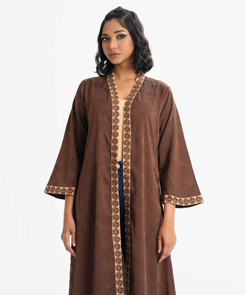 3ae2caad-86fb-4be0-ae99-3188547364ff Brown Jacquard Abaya-style Shrug - Image 1