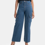 Blue High Rise Loose Cargo Jeans